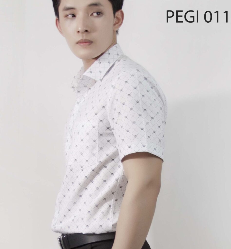 Sơ mi nam PEGI 011: trắng hoạ tiết vương miện, tay ngắn