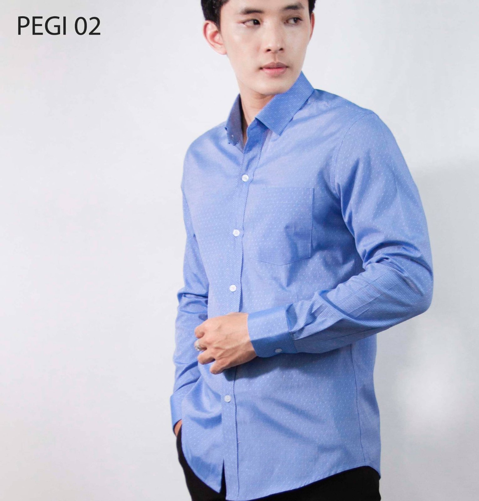 Áo sơ mi nam đồng phục PEGI 02 xanh dương sọc nhỏ chấm trắng, tay dài