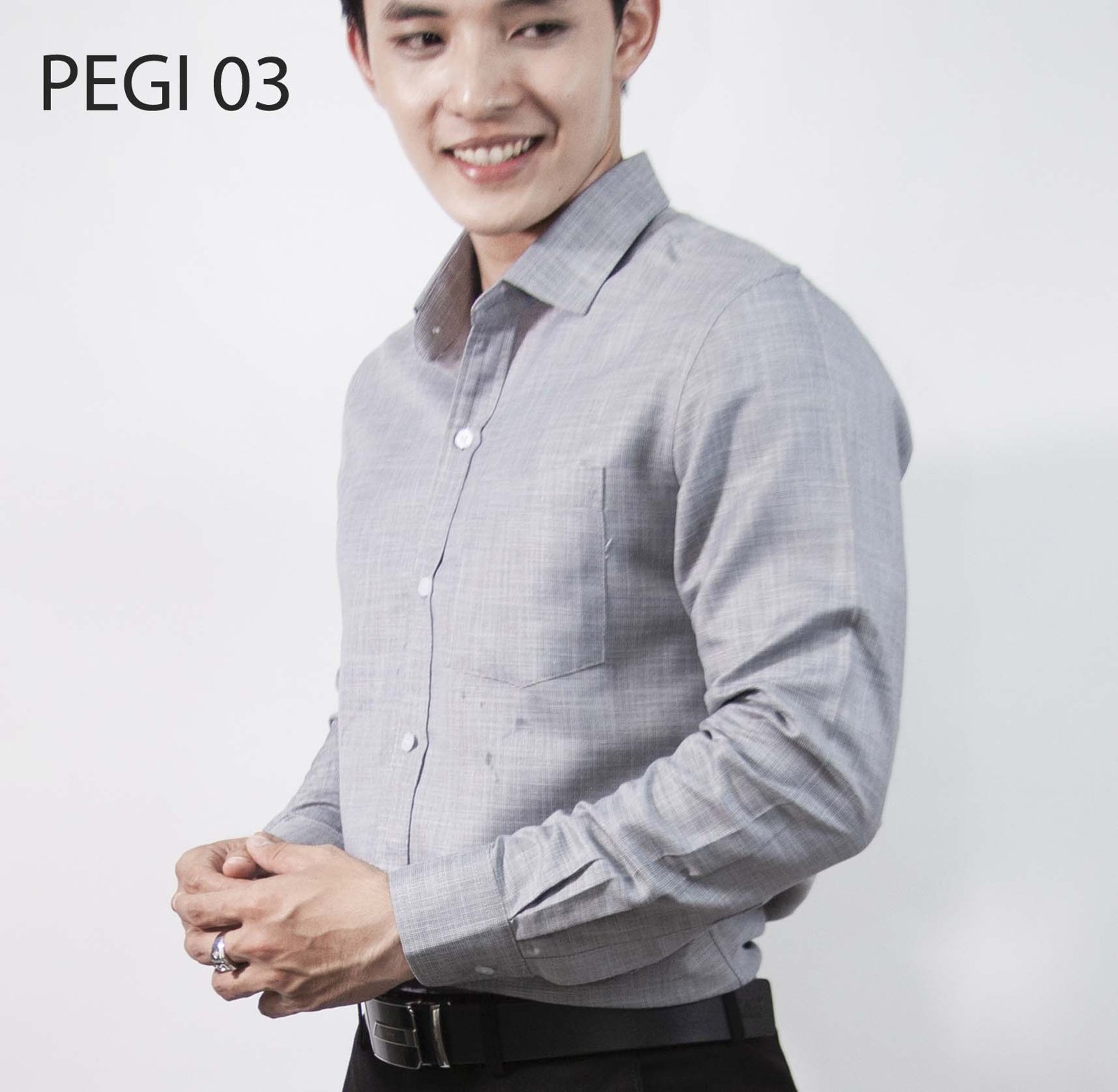 Áo sơ mi nam đồng phục PEGI 03 xám nhạt dệt caro mờ, tay dài
