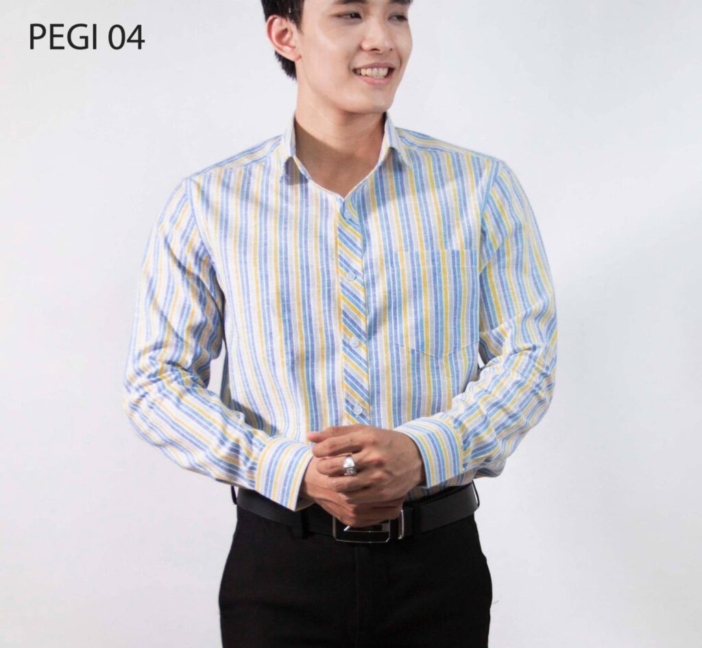 Sơ mi nam PEGI 04: sọc xanh vàng trên nền trắng, tay dài