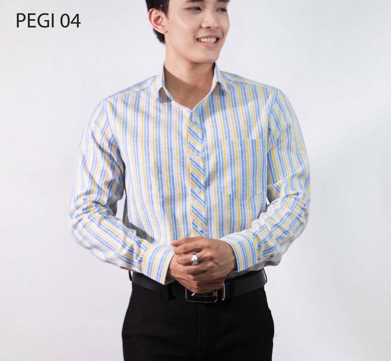 Áo sơ mi nam đồng phục PEGI 04 sọc xanh vàng trên nền trắng, tay dài