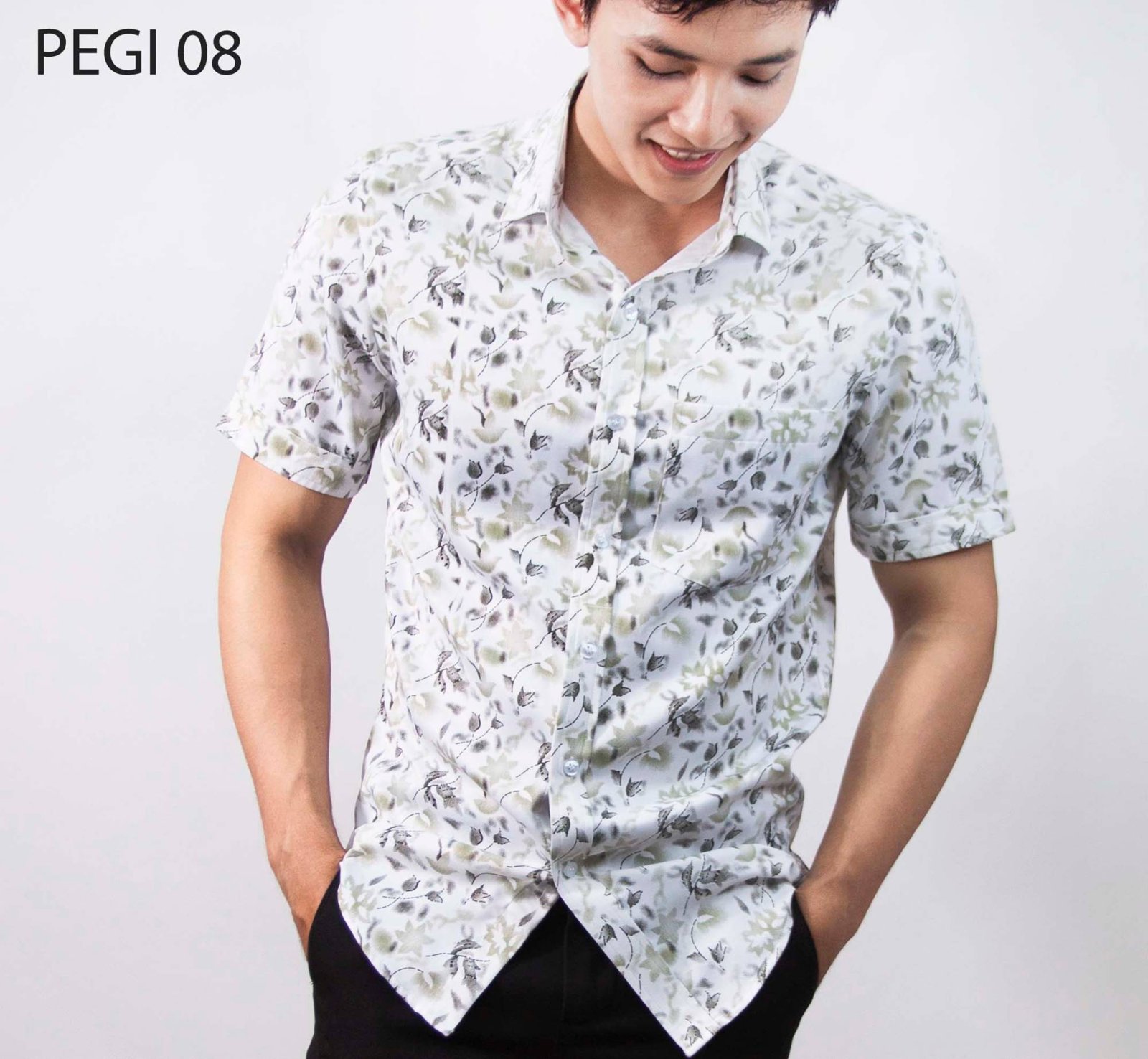 Áo sơ mi nam đồng phục PEGI 08 trắng hoạ tiết hoa lá xanh rêu, tay ngắn