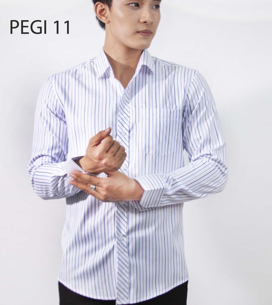 Sơ mi nam PEGI 11: trắng sọc xanh navy, tay dài