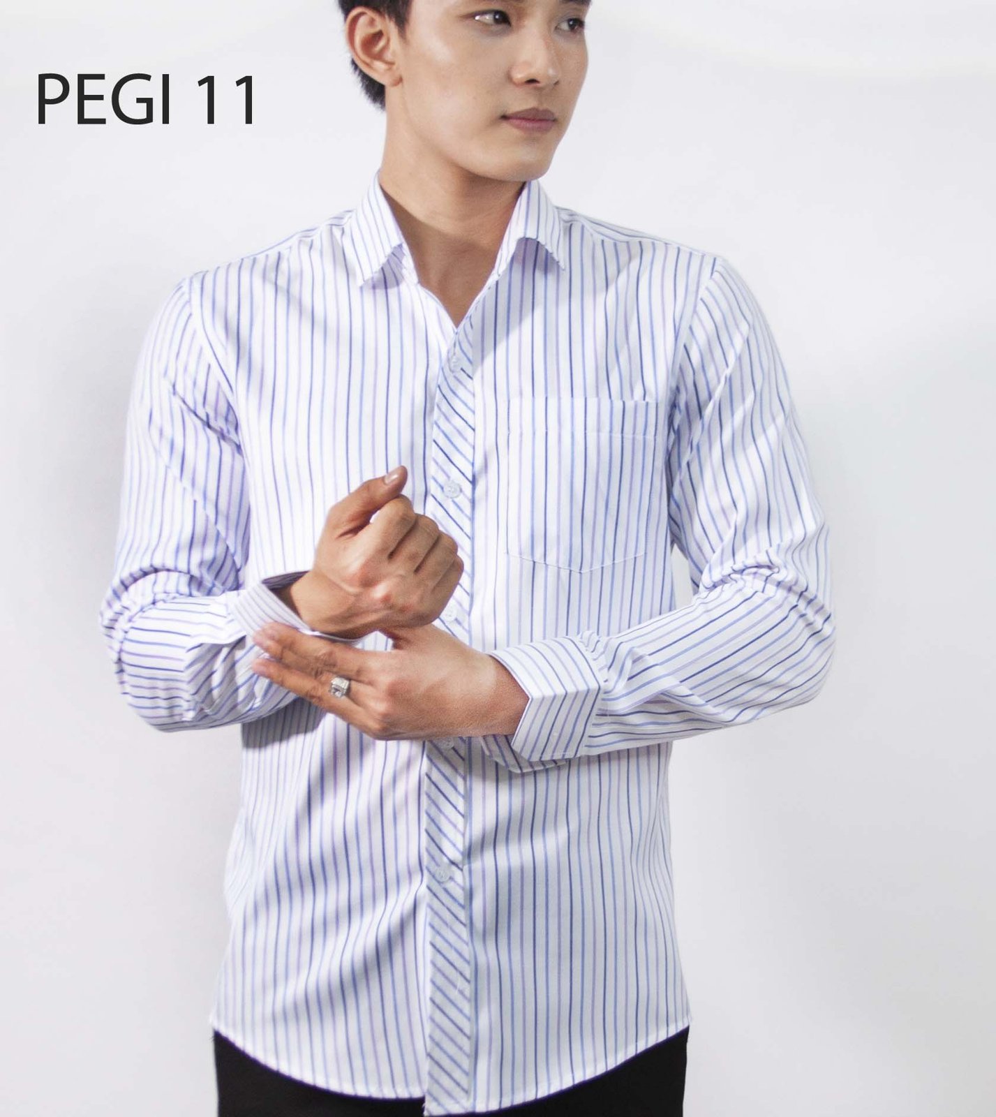 Áo sơ mi nam đồng phục PEGI 11 trắng sọc xanh navy, tay dài
