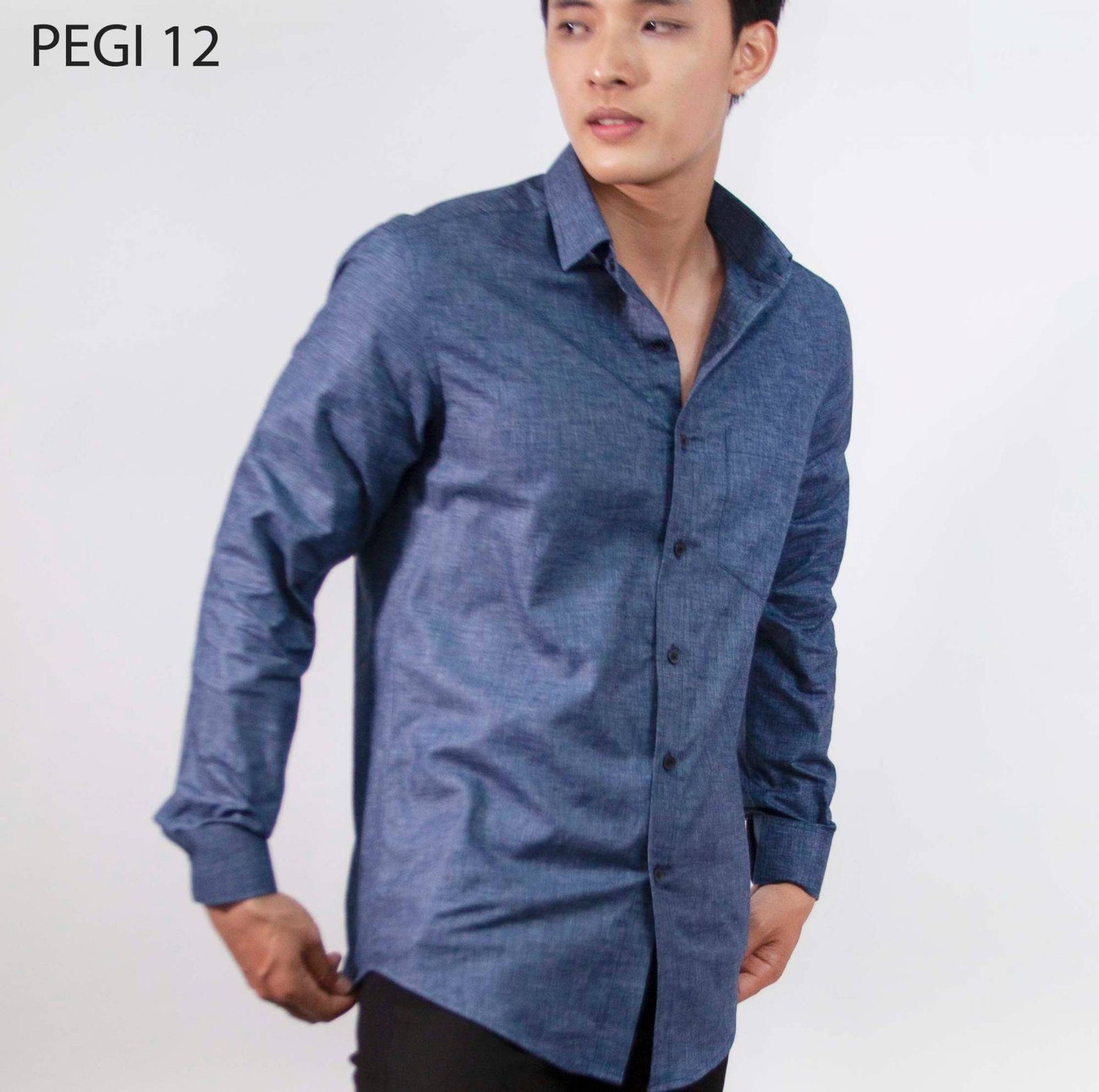 Áo sơ mi nam đồng phục PEGI 12 xanh denim trơn, tay dài