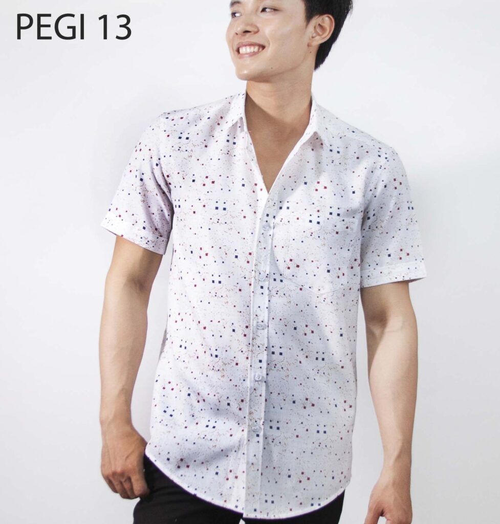 Sơ mi nam PEGI 13: trắng hoạ tiết ô vuông đỏ navy, tay ngắn