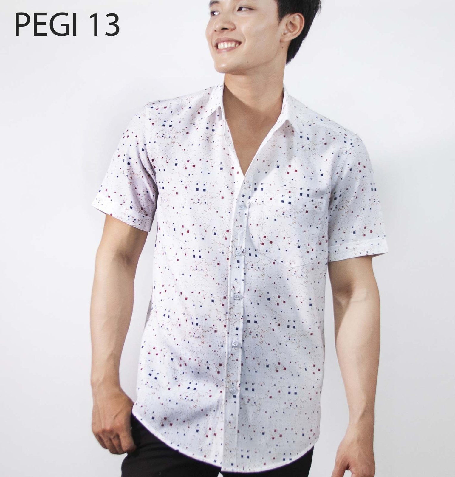 Áo sơ mi nam đồng phục PEGI 13 trắng hoạ tiết ô vuông đỏ navy, tay ngắn