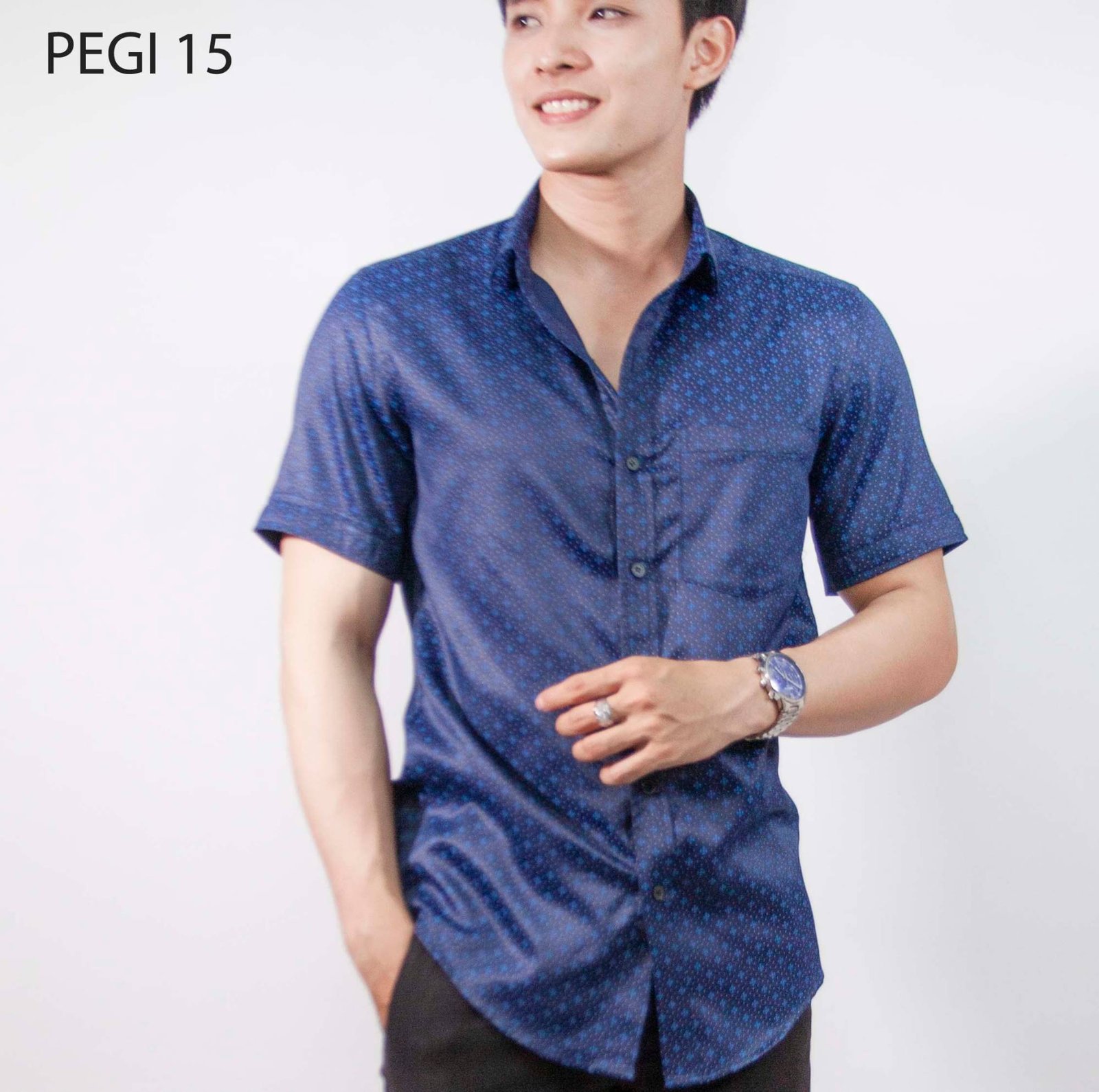 Áo sơ mi nam đồng phục PEGI 15 navy hoạ tiết hình học xanh, tay ngắn