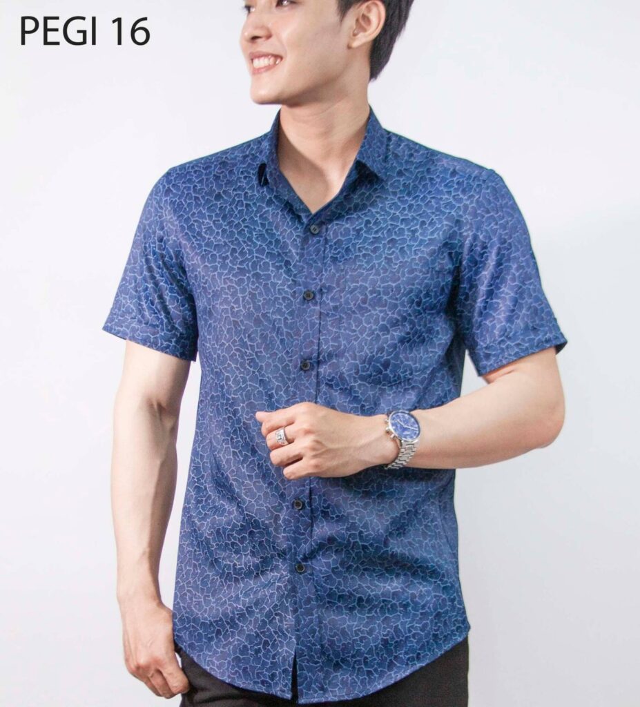Sơ mi nam PEGI 16: navy hoạ tiết vân đá, tay ngắn