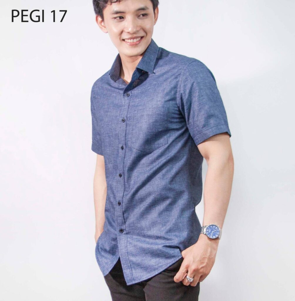 Sơ mi nam PEGI 17: xanh denim trơn, tay ngắn