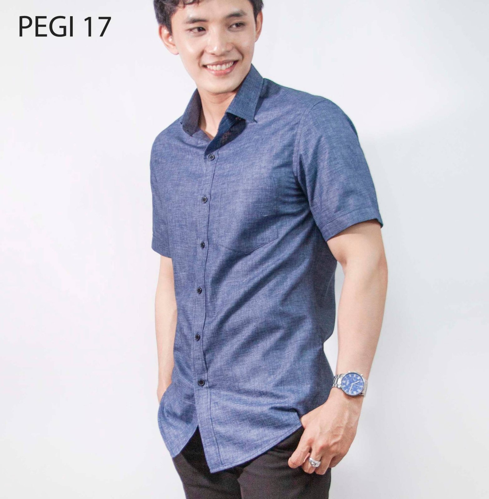 Áo sơ mi nam đồng phục PEGI 17 xanh denim trơn, tay ngắn
