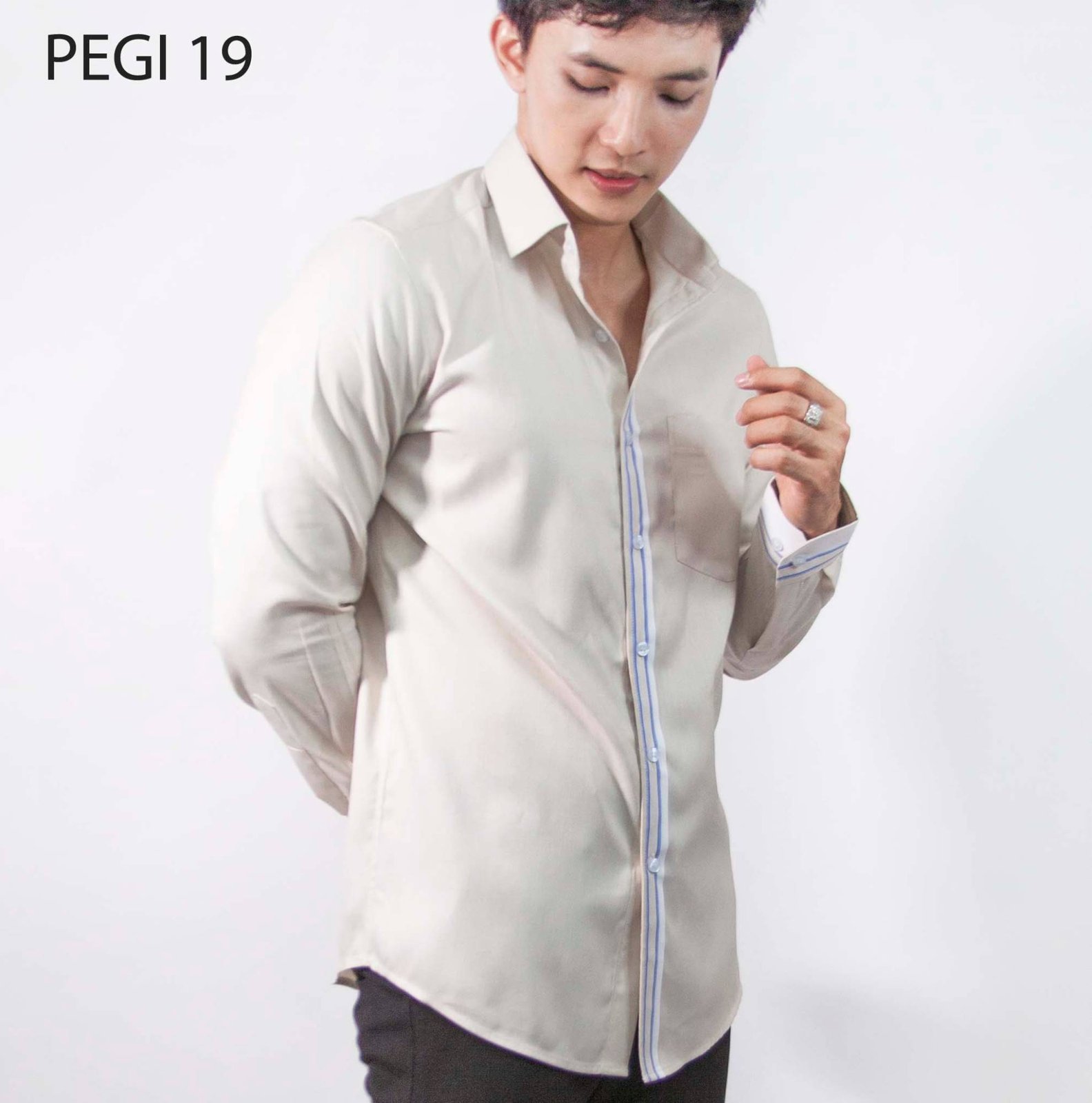 Sơ mi nam PEGI 19: kem trơn phối nẹp sọc xanh, tay dài